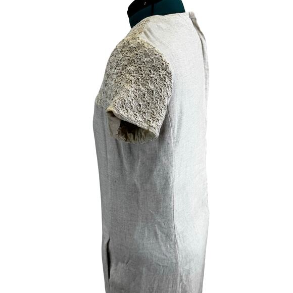 1960s Cream Linen Blend Shift Dress w Crochet Yoke – Mr. Jack Dallas – Size 16 - Picture 5 of 16